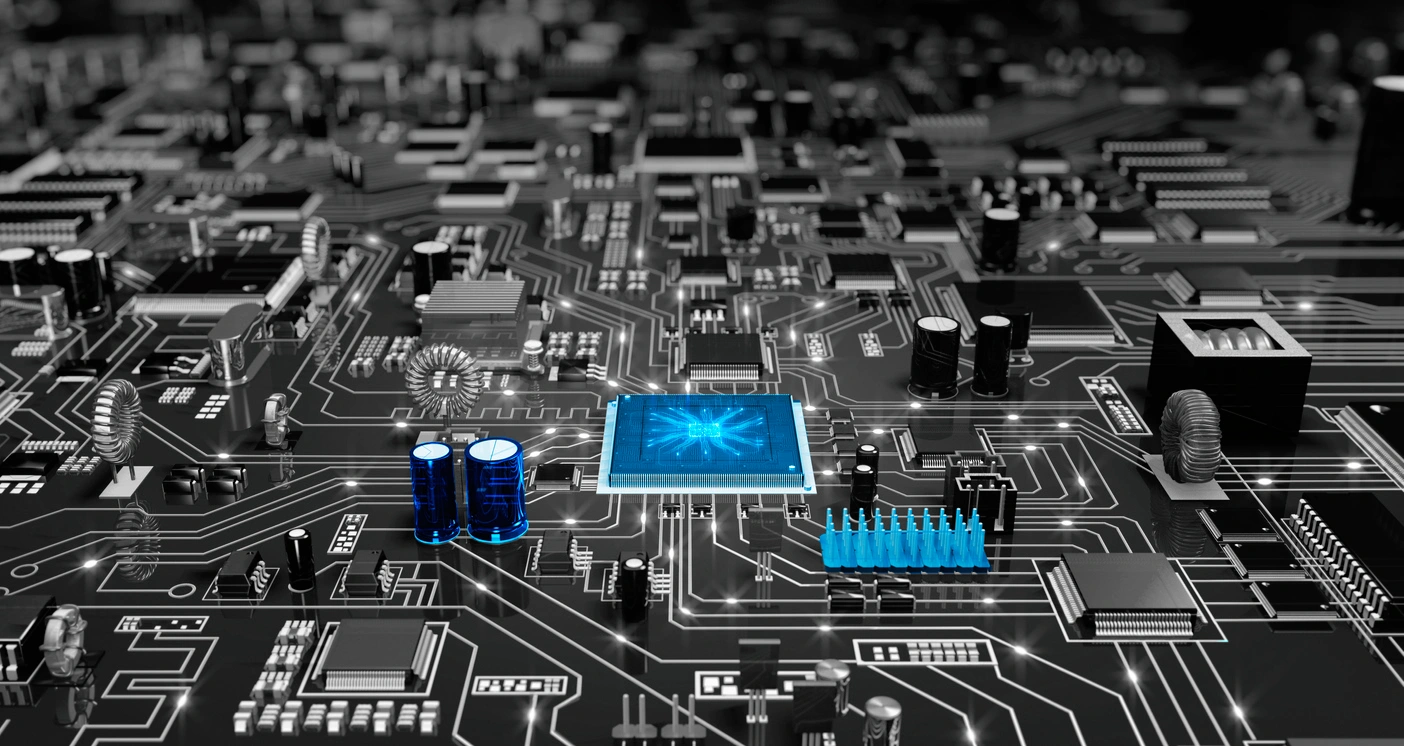 Graphic about electronic components on a circuit board. Products that RTS Electronic offer are colored in blue.