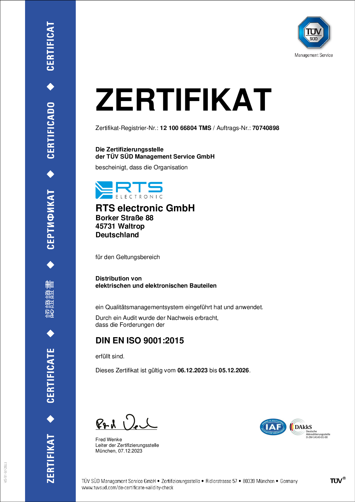 RTS Electronic ISO 9001 Zertifikat
