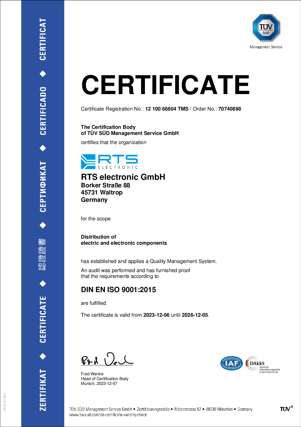 RTS Electronic ISO9001 Certificate