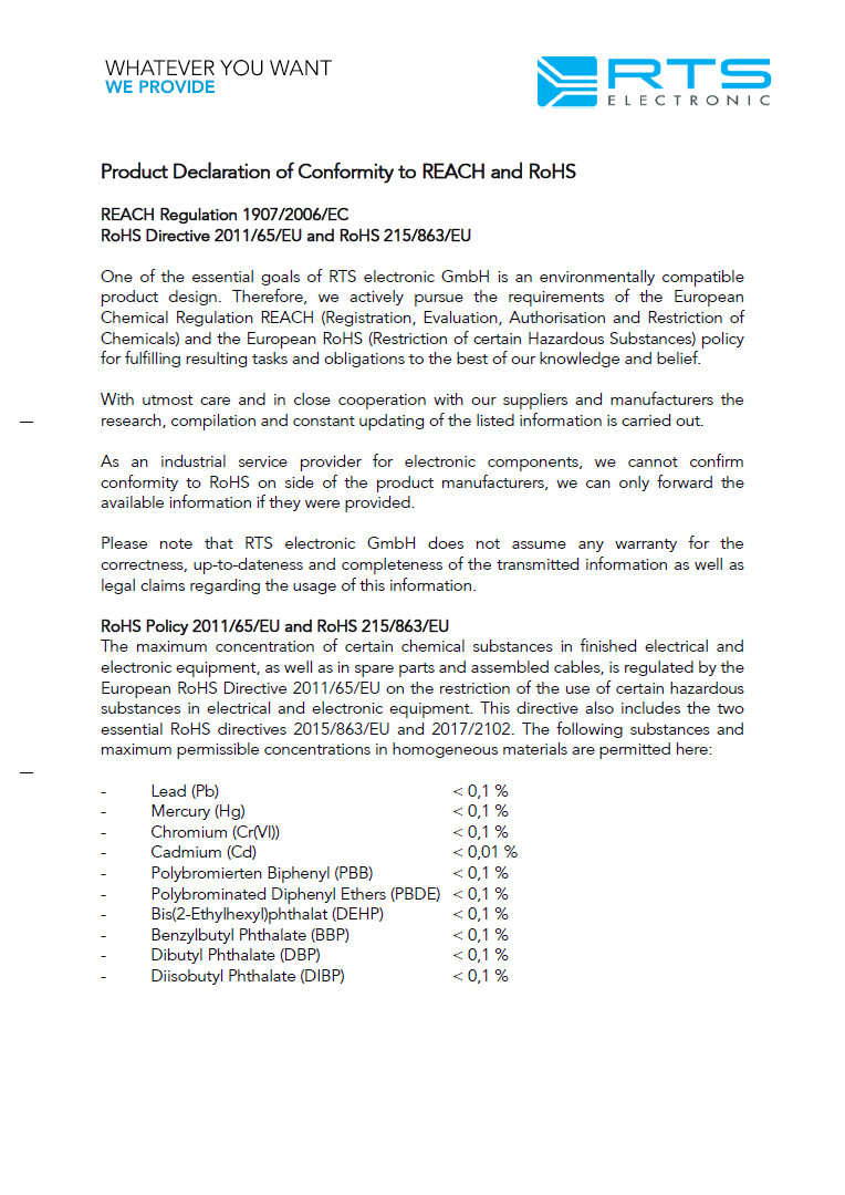 RTS Electronic Declaration about RoHS and REACH