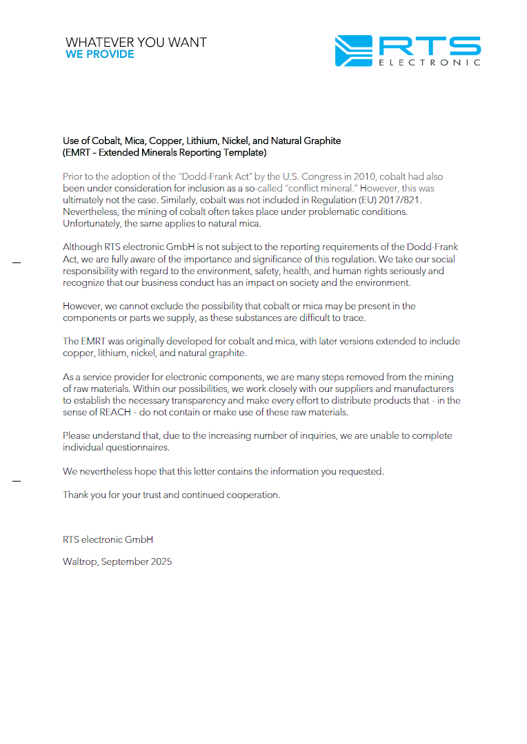 RTS Electronic Declaration about RoHS and REACH